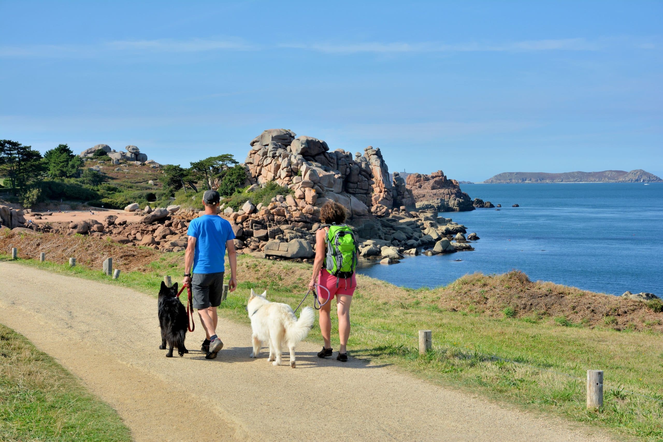 paar, das mit seinem hund in der bretagne auf den wanderwegen in der nähe des campingplatzes wandert