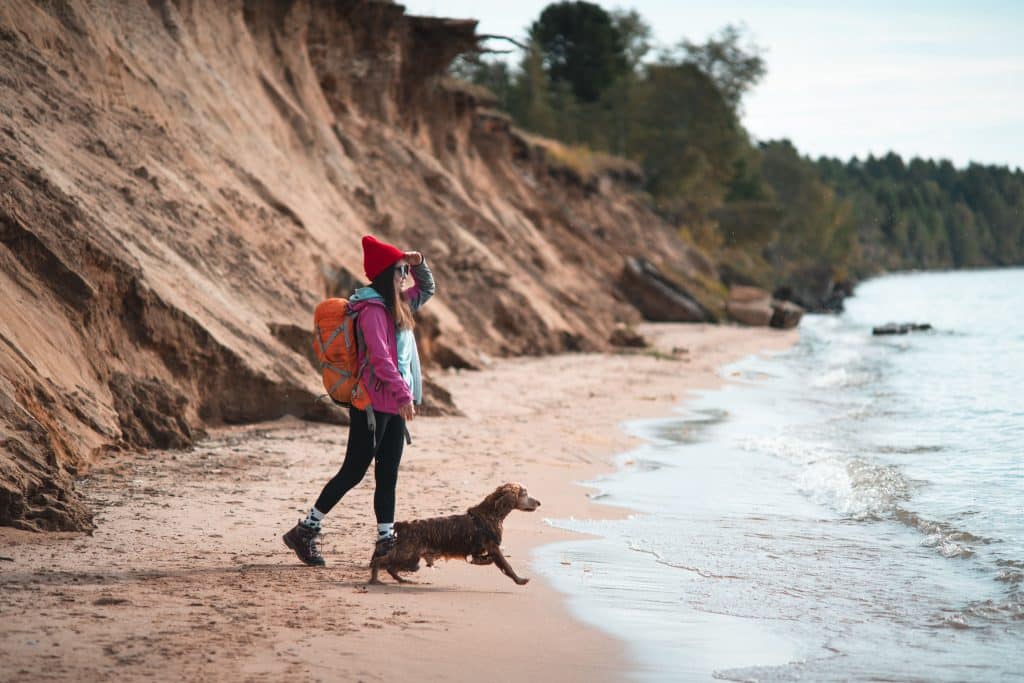 Frau, die mit ihrem Hund in der Nähe des Campingplatzes in der Bretagne wandert