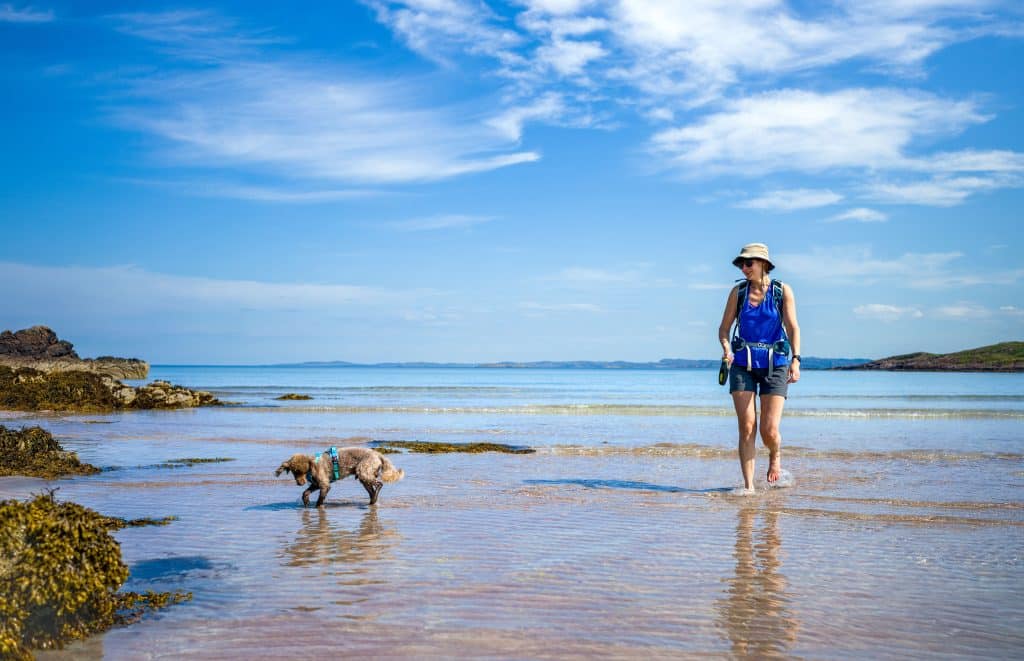 Frau im Meer mit ihrem Hund in der Nähe des Campingplatzes